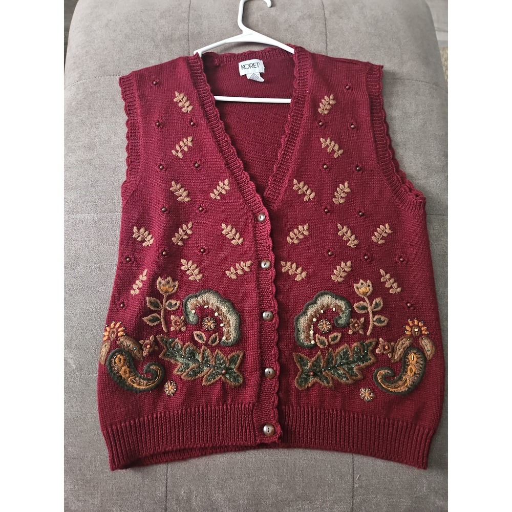 Koret Cottagecore‎ Burgundy Knit Vest with Floral Embroidery & Beading - Medium